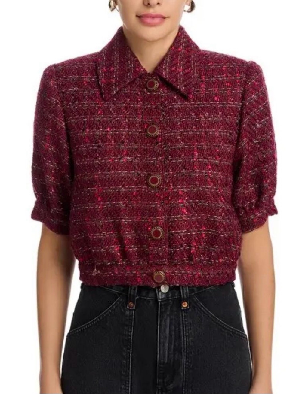 L’agence Nwt $595 Cove Cropped Short Sleeve Tweed Jacket Cherry Brown Black Sz 8